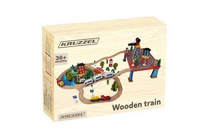 Calea ferată din lemn cu trenuleț cu baterii – 88 de piese