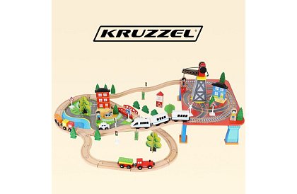 Calea ferată din lemn cu trenuleț cu baterii – 88 de piese