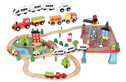 Calea ferată din lemn cu trenuleț cu baterii – 88 de piese
