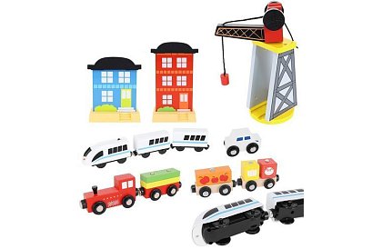 Calea ferată din lemn cu trenuleț cu baterii – 88 de piese