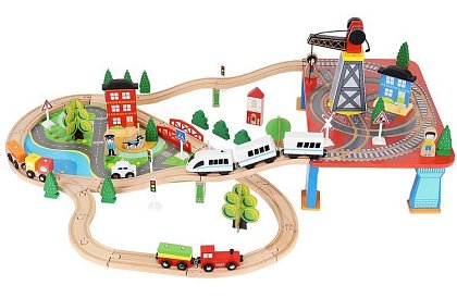 Calea ferată din lemn cu trenuleț cu baterii – 88 de piese