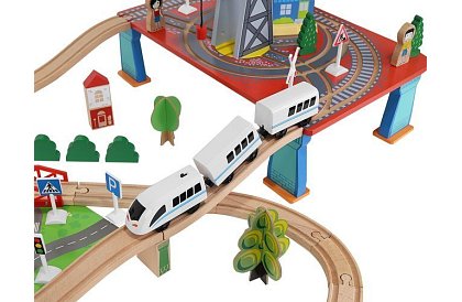 Calea ferată din lemn cu trenuleț cu baterii – 88 de piese