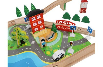 Calea ferată din lemn cu trenuleț cu baterii – 88 de piese