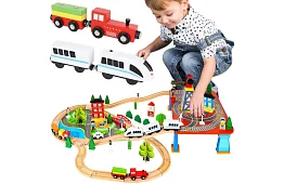 Calea ferată din lemn cu trenuleț cu baterii – 88 de piese