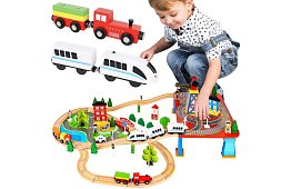 Calea ferată din lemn cu trenuleț cu baterii – 88 de piese