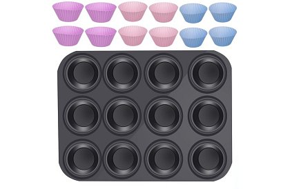 Tavă de copt din teflon pentru brioșe + 12 forme din silicon