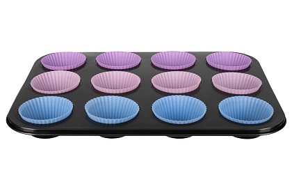 Tavă de copt din teflon pentru brioșe + 12 forme din silicon