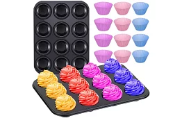 Tavă de copt din teflon pentru brioșe + 12 forme din silicon