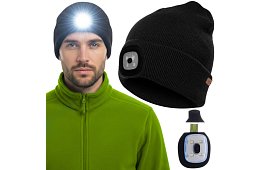 Căciulă de iarnă cu două straturi și lanternă LED - neagră