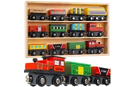 Tren de lemn cu raft pentru depozitare - 13 bucăți în set